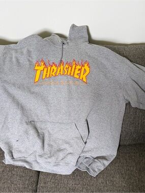Thrasher Grey Hoodie with Yellow and Orange Flame Logo